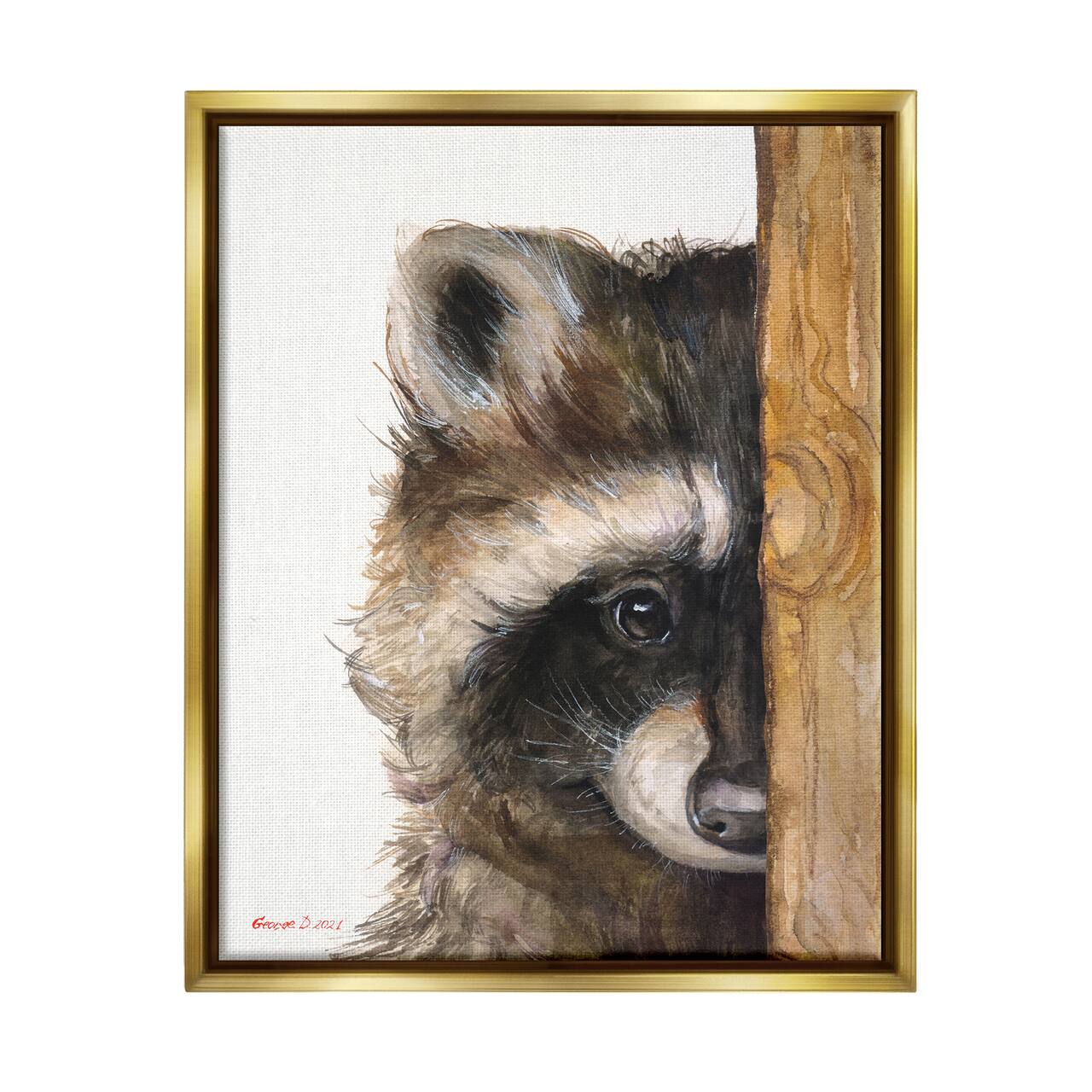 Stupell Industries Raccoon with Wood Fence Illustration Framed Floater Canvas Wall Art